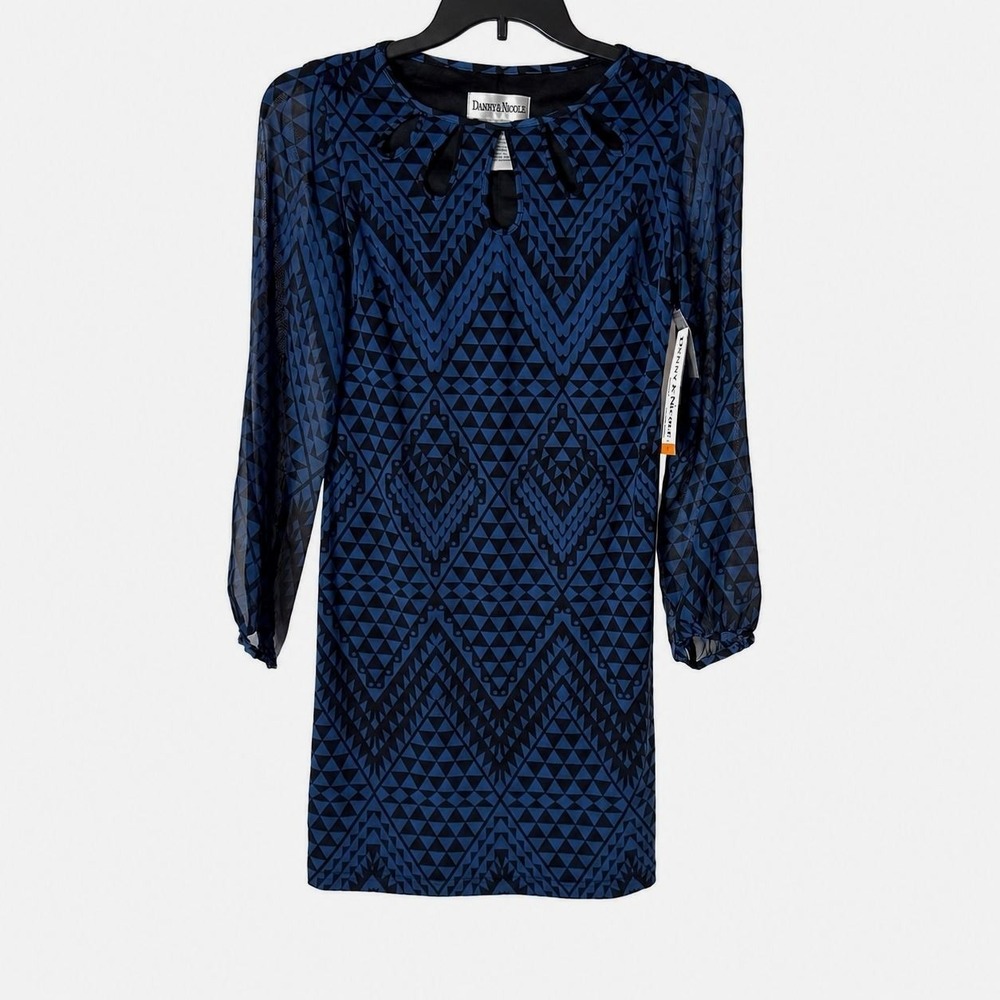 Danny & Nicole Dress Mini Women Size S Blue Geometric Print Sheer Sleeve